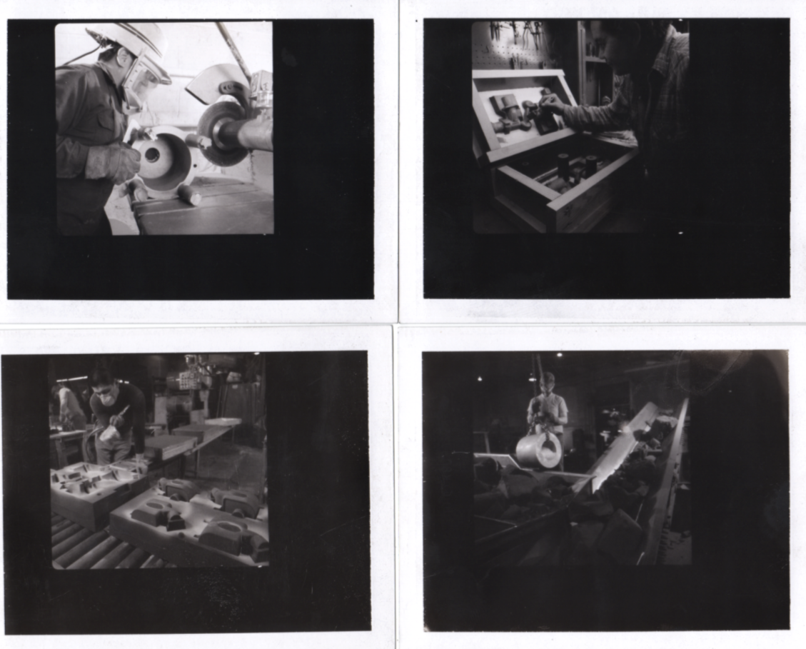 black and white collage of 4 photos depicting men working on castings in the Warner Brothers warehouse
