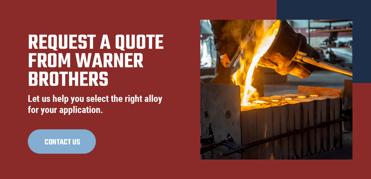 Request a quote from Warner Brothers graphic with a foundry scene of molten alloy being poured into a mold and a contact button.