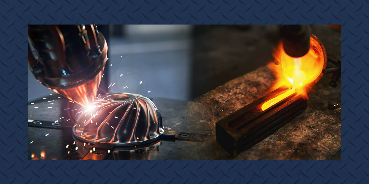 welding torch creating an arc on a metal surface next to a metal tool