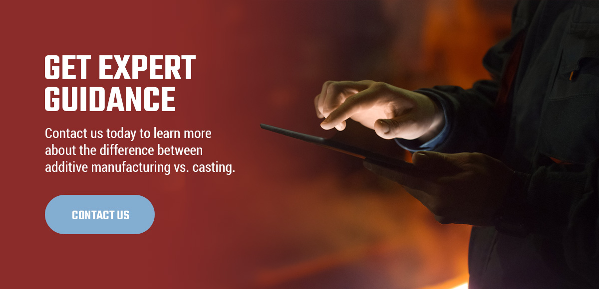 industrial worker on a tablet with a call-to-action to contact Warner Brothers Foundry to learn more about the difference between additive manufacturing vs. casting